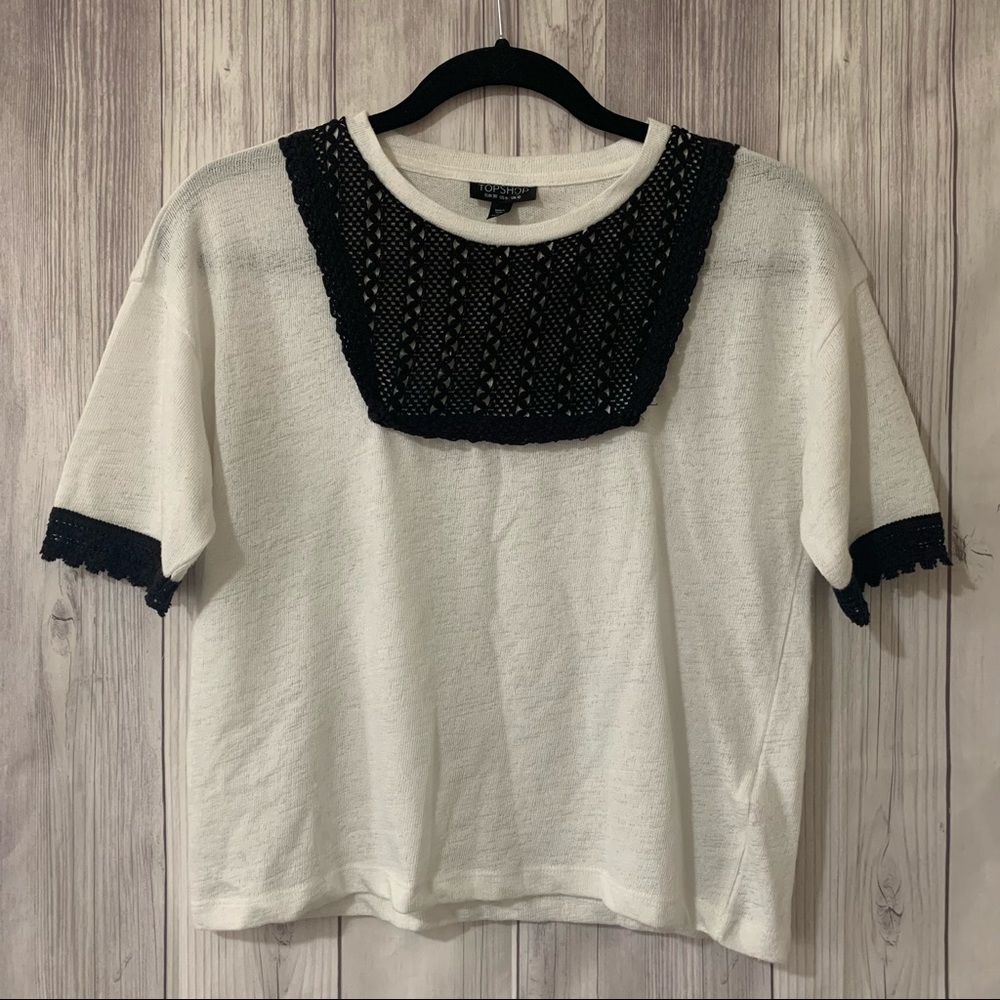 Topshop White and Black Crochet Lace Bib Shirt Size 6